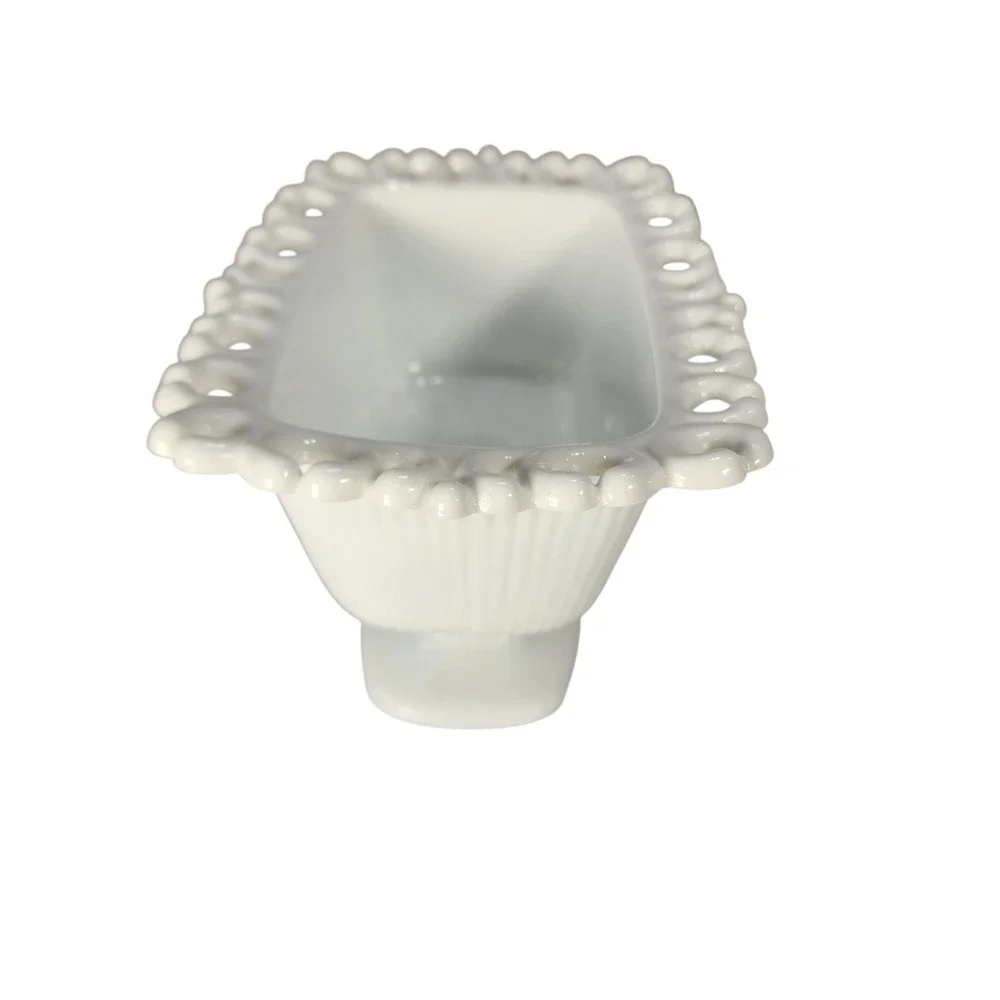 Vintage White Milk Glass Pedestal Bowl Open Lace Edge Ribbed Candy Dish Planter